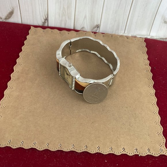 Vintage Decree Bangle Watch with Wood Inlay Silver Tone